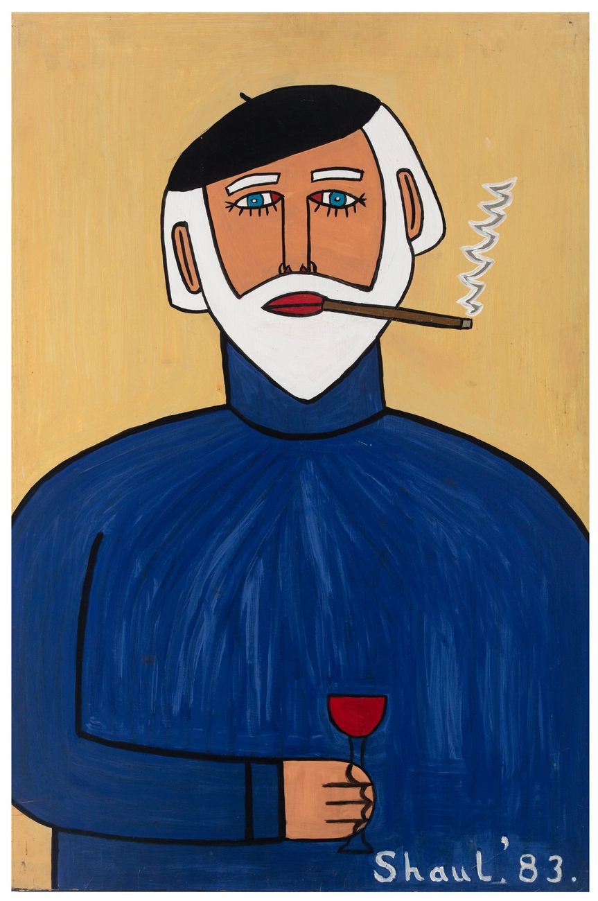 Man with red wine and cigar, 1983. Painting by Terry Shaul.