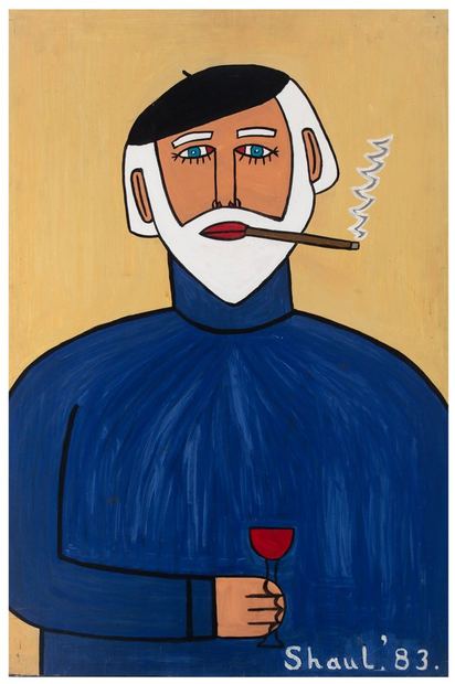 Man with red wine and cigar, 1983. Painting by Terry Shaul.
