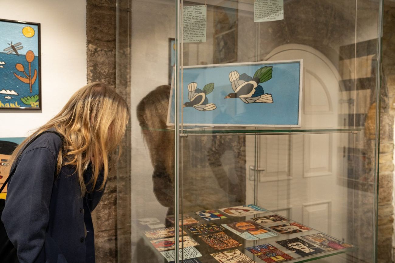 Two visitors looking into a display case