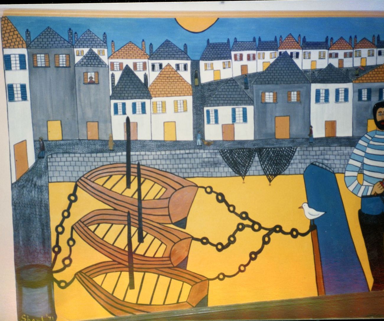 A mural by Terry Shaul of a harbour with boats and white houses